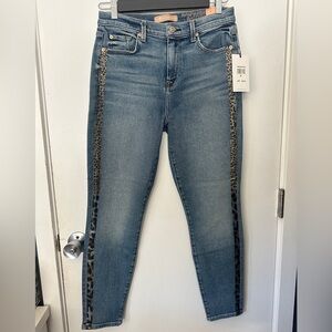 7 For All Mankind Blue Skinny Ankle Jeans with Leopard Side Stripe
